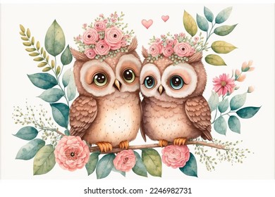 Cute little owl in love romantic Valentine's day hand drawn cartoon style  3D illustration