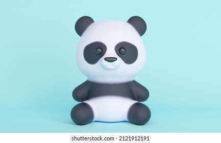 Cute little panda sitting on a blue background. 3d rendering