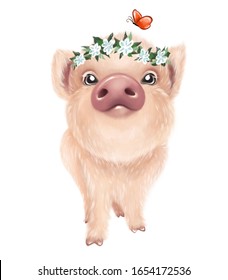 Cute little pig in floral wreath. Hand drawn pig illustration