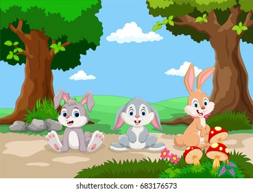 Cute Little Rabbits Cartoon Background Beautiful Stock Illustration ...