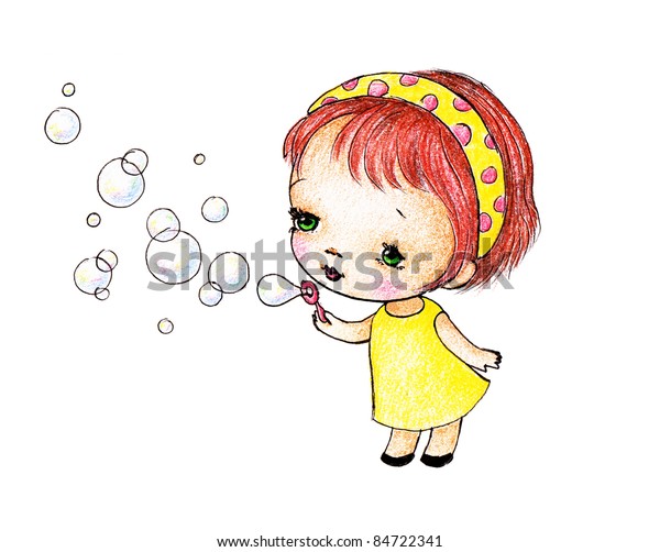 Illustration of a little girl blowing bubbles stock photo