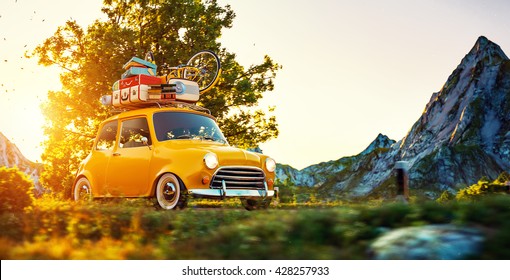 Cute little retro car with suitcases and bicycle on top goes by wonderful countryside road at sunset. 3D Illustration