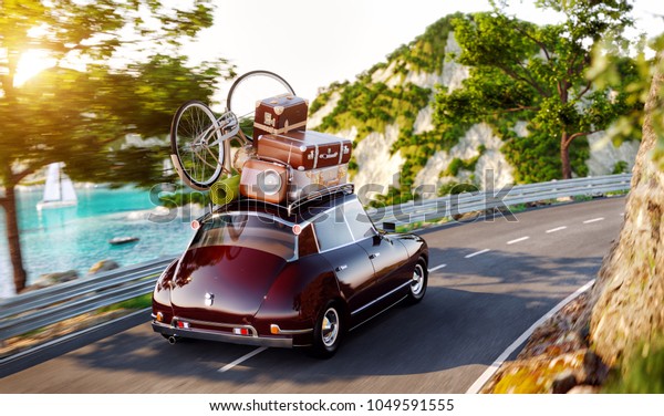 Cute little\
retro car with suitcases and bicycle on top goes by the road along\
beautiful harbor between mountain in summer day. Unusual 3d\
illustration. Travel and vacation\
concept
