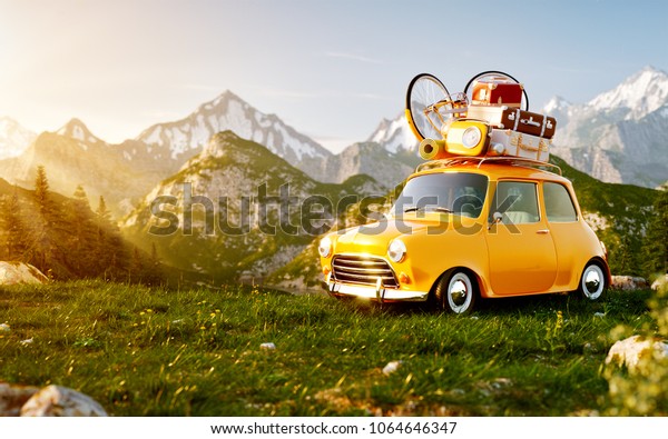 Cute little retro car with suitcases\
and bicycle on top on grass field at mountain in summer day.\
Unusual 3d illustration of mountain landscape with\
fog.