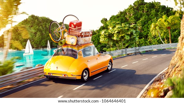 Cute little\
retro car with suitcases and bicycle on top goes by the road along\
beautiful harbor between mountain in summer day. Unusual 3d\
illustration. Travel and vacation\
concept