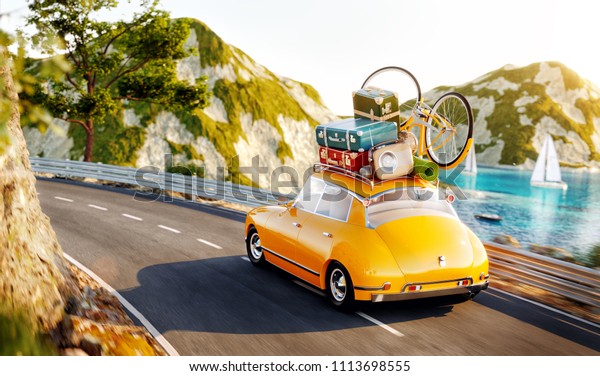 Cute little
retro car with suitcases and bicycle on top goes by the road along
beautiful harbor between mountain in summer day. Unusual 3d
illustration. Travel and vacation
concept