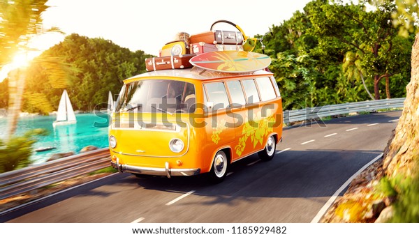 Cute little\
retro car with suitcases and surf on top goes by the road along\
beautiful harbor between mountains in summer day. Unusual 3d\
illustration. Travel and vacation\
concept