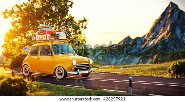 Cute little retro car with suitcases and\
bicycle on top goes by wonderful countryside road at sunset. 3D\
Illustration