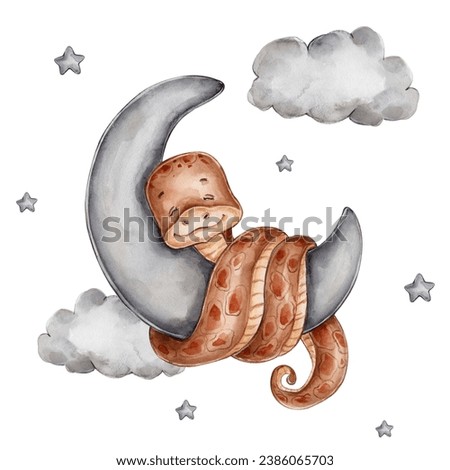 Cute little snake sleeps on grey moon; watercolor hand drawn illustration