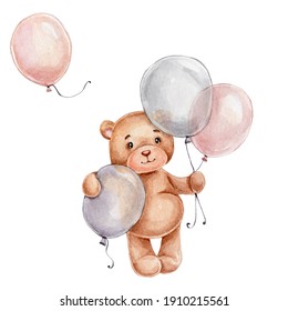 Cute little teddy bear with balloons; watercolor hand drawn illustration; can be used for baby shower or cards; with white isolated background