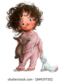 Cute Little Watercolor Girl With Hare Toy In Pink Pajamas