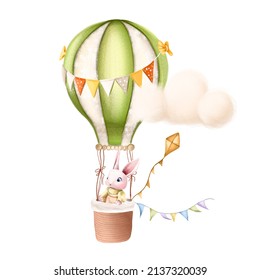 Cute, Little watercolor rabbit flying in a air balloon; watercolor hand-drawn illustration of a bunny; can be used for a children's poster or postcards; with a white isolated background