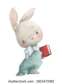 cute little white cartoon hare with red book