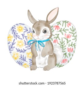 Cute little white cartoon hare. easter bunny with eggs. Happy easter