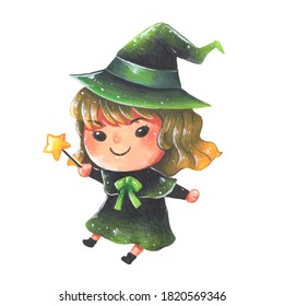 Cute little witch cartoon character illustration  Watercolor work clipart isolated white background  Halloween festival  Decoration   pattern 