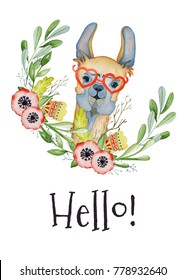 Cute Llama cartoon character watercolor illustration, Alpaca animal, hand drawn style.  Isolated white background. Hello, Good for greeting cards, invitations, decoration, etc.