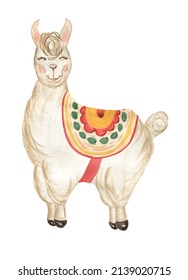 Cute Llama Illustration, Peru Watercolor Animale. Alpaca Clipart For Decorating Designs.