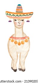 Cute Llama Illustration, Peru Watercolor Animale. Alpaca Clipart For Decorating Designs.