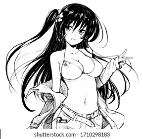 Cute long haired anime girl showing V sign