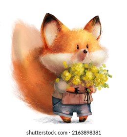 Cute lovely fox character with floral bouquet - Powered by Shutterstock