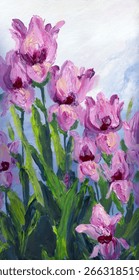Cute lush rustic bush leaf grow lily gift scenic view hand drawn pastel lilac rose paint wed love herb still life greet card style. Rural growth big light red tulip bud vase blue cloud sky white paper