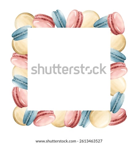 Cute Macaroons Frame. Pink, blue, beige macarons. Watercolor hand painted isolated food illustration for kids birthday party, baby shower, nursery clothes fabric, sweet textile, confectionery, bakery