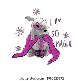 Cute magic bunny. Childish print for fabric, t-shirt, poster, card, baby shower. Rabbit Illustration with snowflakes, shiny star, glitter print and text - Powered by Shutterstock