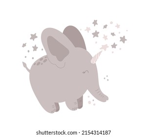 Cute Magical Elephant Illustration On White Background. Kids Clipart For Print, Poster, Sublimation, Baby Shower, Birthday Greeting Card