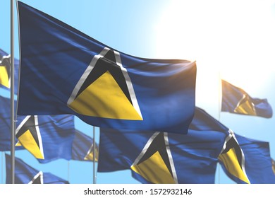 cute many Saint Lucia flags are wave against blue sky picture with bokeh - any feast flag 3d illustration