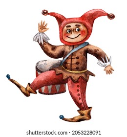 Cute Medieval Character Of Street Theatre. Funny Jocker. Carnival Dressed Person. Funny Little Boy With Drum. Cartoon Comedian Jester. Buffoon Character. Watercolor Portrait. Classic Red Joker Cap.