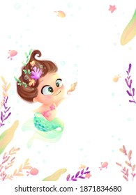 Cute mermaid with little seahorse  illustration for kids fashion artworks, children books, greeting cards.