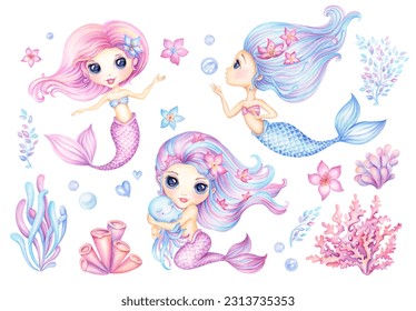 Cute Mermaid, Set beautiful Little Mermaids watercolor clipart, Fairytale Sea Cartoon Illustration, Undersea Baby princess with octopus, seaweed, coral and flowers for girls birthday invitation card  - Powered by Shutterstock