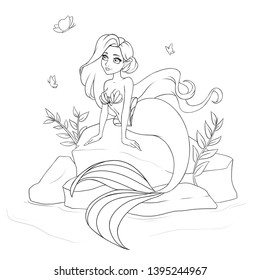 Cute mermaid sitting on stone. Hand drawn cartoon illustration. Isolated on white. Contour image. Template for t-shirt design, mobile games, children book, tattoo, card. 