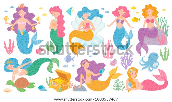 Cute Mermaids Fairytale Underwater Princess Mythological Stock ...