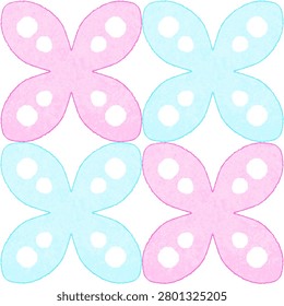 Cute minimalist butterfly tile pattern vector illustration, pastel pink and light blue symmetrical quadrant design, simple geometric abstract floral motif with crayon texture isolated on white background