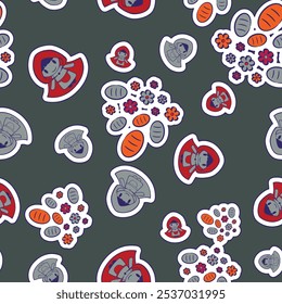 A cute and minimalistic seamless repeat pattern design featuring Little Red Riding Hood. A line art illustration of an adorable girl in a red cape from Brothers Grimm