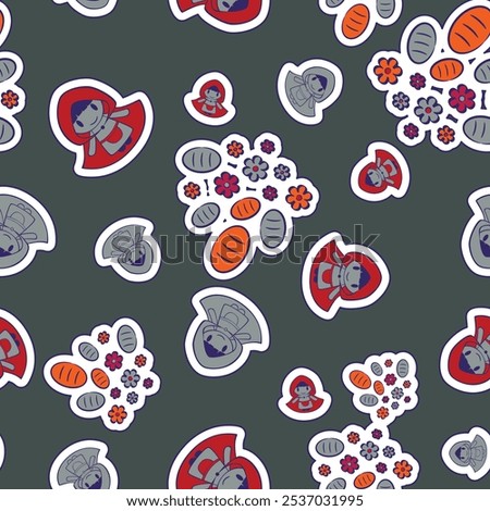 A cute and minimalistic seamless repeat pattern design featuring Little Red Riding Hood. A line art illustration of an adorable girl in a red cape from Brothers Grimm