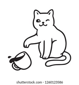 Cute Mischievous Cat Throwing Tea Cup Off Table. Funny Cats Breaking Things Comic Illustration, Cartoon Line Art Drawing.