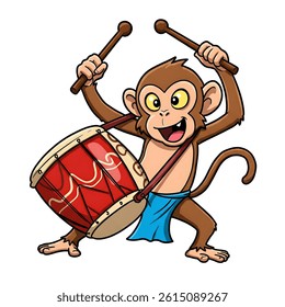 Cute Monkey Playing Percussion Drum – Kids Illustration Vector Image