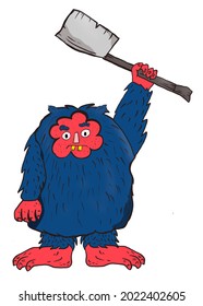 Cute Monster With An Axe In His Hand, A Fictional Character. The Shaggy Monster