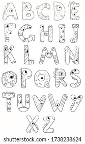 Cute Monster Dinosaur Full  Colorless Coloring Book Children English Alphabet Abc Isolated On White Background Letters 