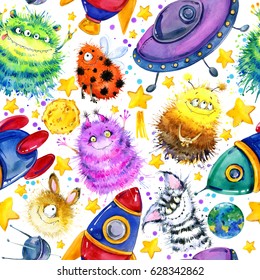 Cute Monster Seamless Pattern. Watercolor Cartoon Space Illustration. Rocket. Flying Saucer. Alien