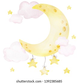 Cute moon, clouds and stars, watercolor hand draw illustration isolated on white background
