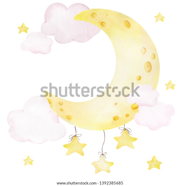 白い背景にかわいい月 雲と星 水彩手描きのイラスト のイラスト素材