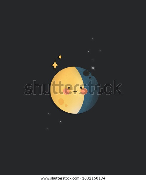 Cute moon with\
face on the dark background\
