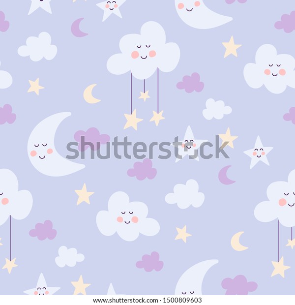 Cute moon, stars and\
clouds seamless pattern. Light blue background. Playful colorful\
illustration. Pattern design for background, wrapping paper,\
fabric, wallpaper. 