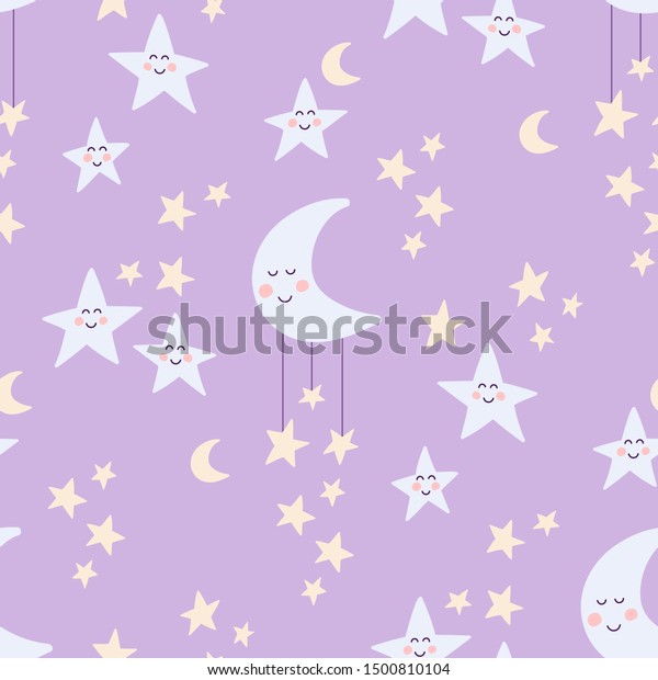 Cute moon, stars and clouds\
seamless pattern. Lilac background. Playful colorful illustration.\
Pattern design for background, wrapping paper, fabric, wallpaper.\

