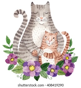 Cute mother's day greeting card with cats. Watercolor illustration
