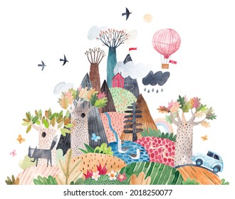 Cute mountain landscape, hills, trail, lonely house, lake and birds, clouds and balloon, cute car. Watercolor illustration. Children's poster. 