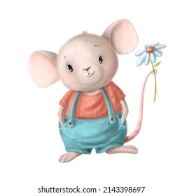 Cute Mouse With Flower, Watercolor Illustration, Summer Clipart With Cartoon Character Good For Card And Print Design